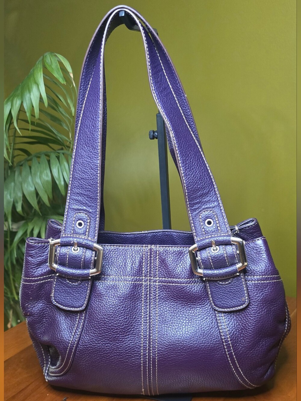 GH Bass Purple Pebbled Leather Buckle 3 Section Shoulder Handbag Bag